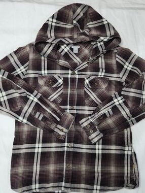 Carhartt Brown and White Plaid Hooded Flannel Shirt